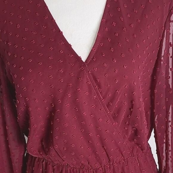 BTFBM Burgundy Dotted Swiss Maxi-Dress with Ruffled Hemline, Size Medium - Picture 5 of 11